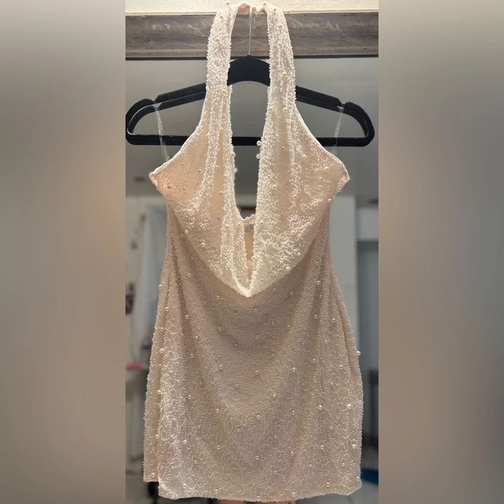 Oh Polly Versailles Deep Plunge Embellishes Mini Dress in White- beaded pearls